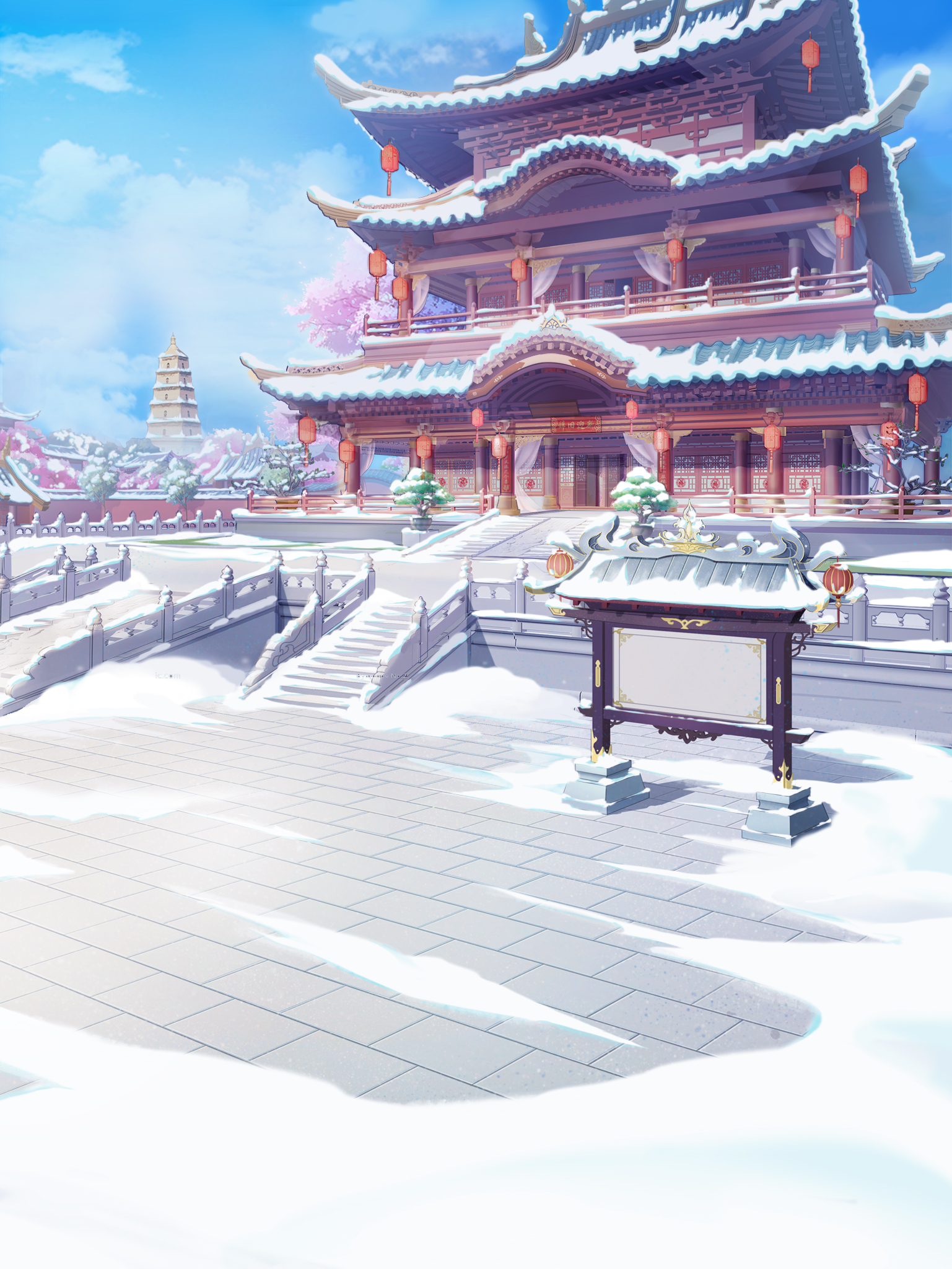 蓝天下白雪覆盖的宫殿