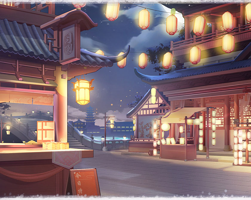 悬挂彩灯的古城夜市街道